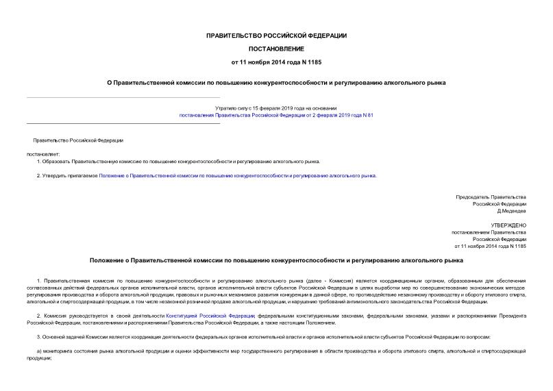 Постановление 1185 О Правительственной комиссии по повышению конкурентоспособности и регулированию алкогольного рынка