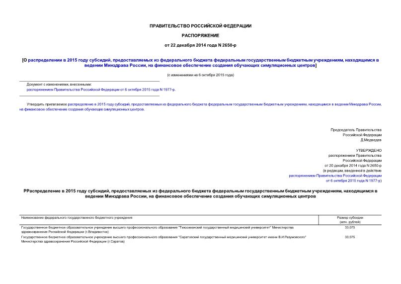 Распоряжение 2650-р О распределении в 2015 году субсидий, предоставляемых из федерального бюджета федеральным государственным бюджетным учреждениям, находящимся в ведении Минздрава России, на финансовое обеспечение создания обучающих симуляционных центров