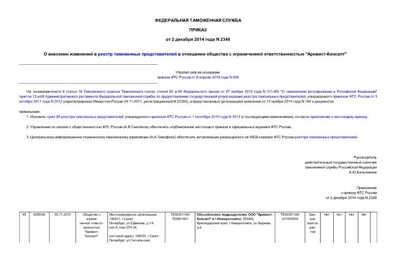 Приказ 2348 О внесении изменений в реестр таможенных представителей в отношении общества с ограниченной ответственностью 