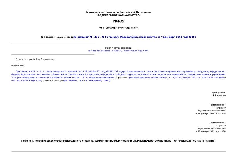 Приказ 345 О внесении изменений в приложения N 1, N 2 и N 3 к приказу Федерального казначейства от 18 декабря 2012 года N 480