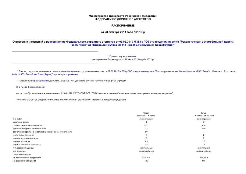 Распоряжение 2010-р О внесении изменений в распоряжение Федерального дорожного агентства от 09.06.2010 N 383-р 