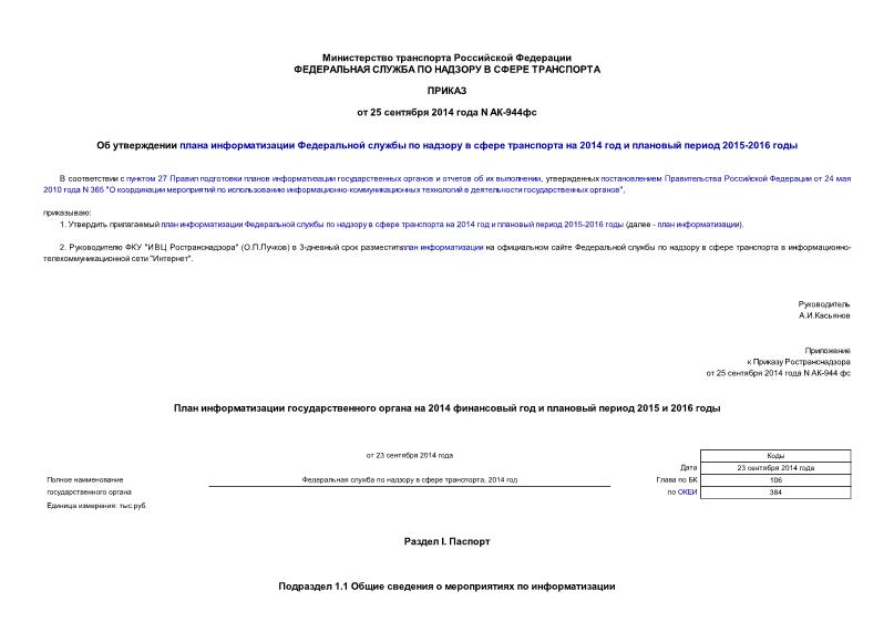 Приказ ак-944фс Об утверждении плана информатизации Федеральной службы по надзору в сфере транспорта на 2014 год и плановый период 2015-2016 годы