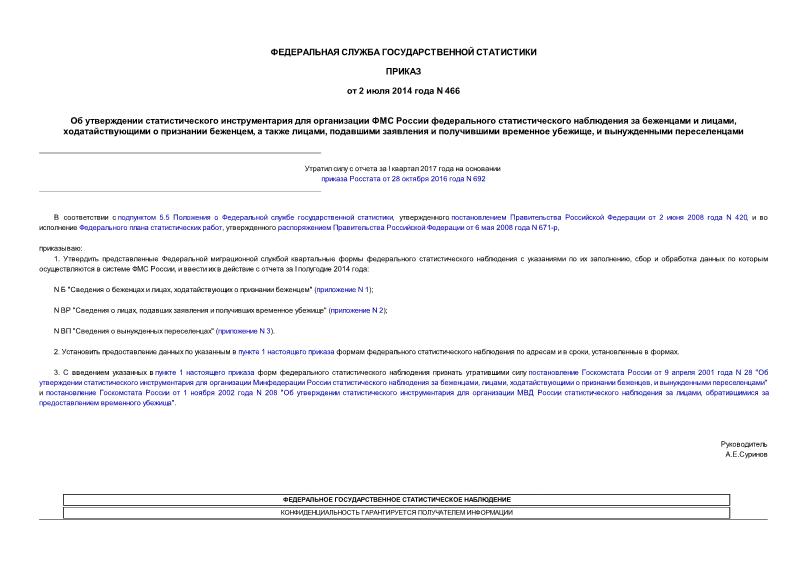 Приказ 466 Об утверждении статистического инструментария для организации ФМС России федерального статистического наблюдения за беженцами и лицами, ходатайствующими о признании беженцем, а также лицами, подавшими заявления и получившими временное убежище, и вынужденными переселенцами
