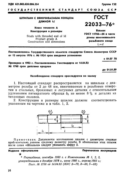 ГОСТ 22033-76 Шпильки с ввинчиваемым концом длиной 1d. Класс точности А. Конструкция и размеры