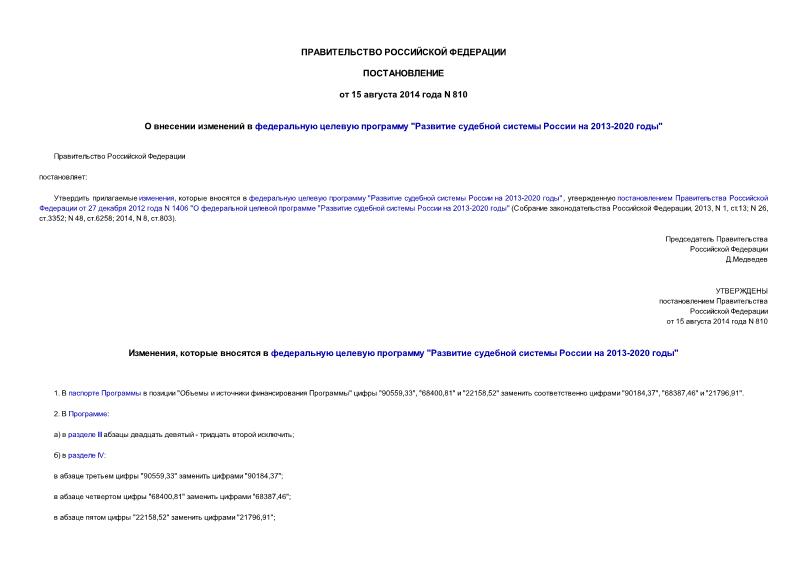 Постановление 810 О внесении изменений в федеральную целевую программу 