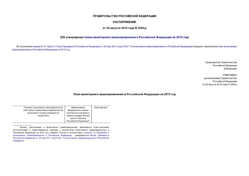 Распоряжение 1658-р Об утверждении плана мониторинга правоприменения в Российской Федерации на 2015 год