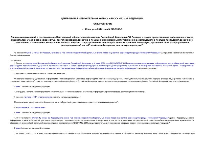 Постановление 249/1533-6 О внесении изменений в постановление Центральной избирательной комиссии Российской Федерации 