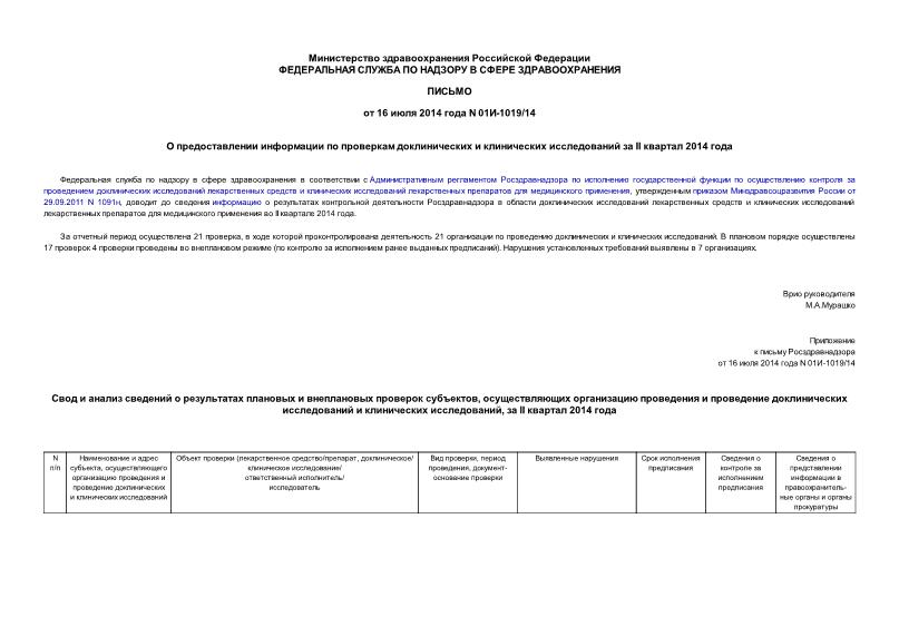 Письмо 01И-1019/14 О предоставлении информации по проверкам доклинических и клинических исследований за II квартал 2014 года