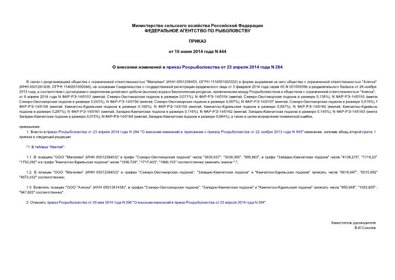 Приказ 444 О внесении изменений в приказ Росрыболовства от 23 апреля 2014 года N 284