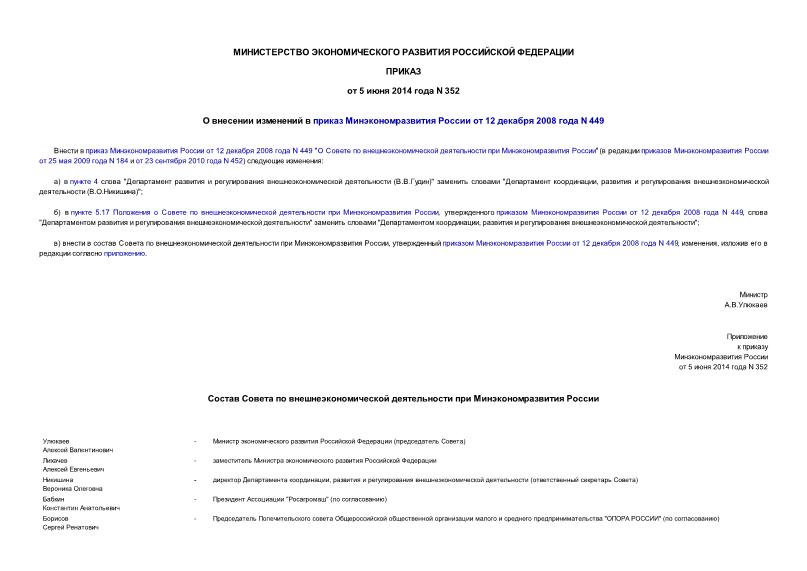 Приказ 352 О внесении изменений в приказ Минэкономразвития России от 12 декабря 2008 года N 449