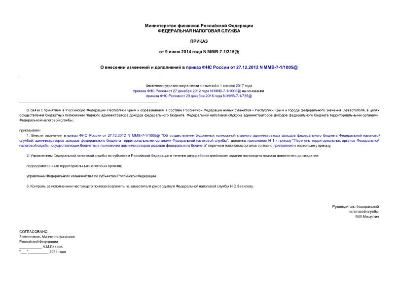 Приказ ММВ-7-1/315@ О внесении изменений и дополнений в приказ ФНС России от 27.12.2012 N ММВ-7-1/1005@