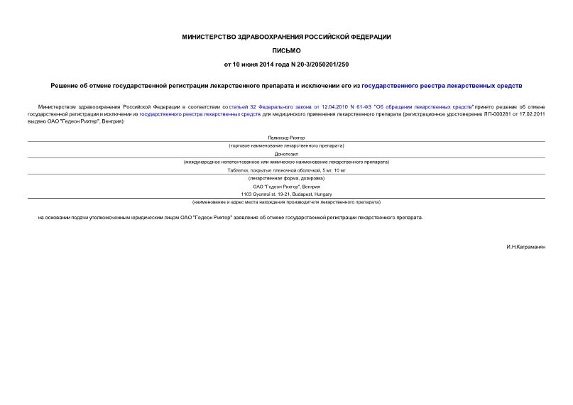 Письмо 20-3/2050201/250 Решение об отмене государственной регистрации лекарственного препарата и исключении его из государственного реестра лекарственных средств