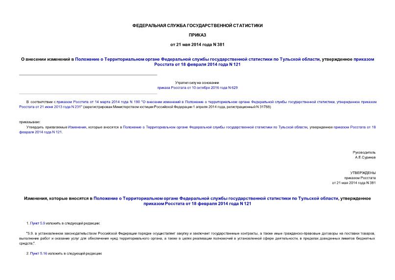 Приказ 381 О внесении изменений в Положение о Территориальном органе Федеральной службы государственной статистики по Тульской области, утвержденное приказом Росстата от 18 февраля 2014 года N 121