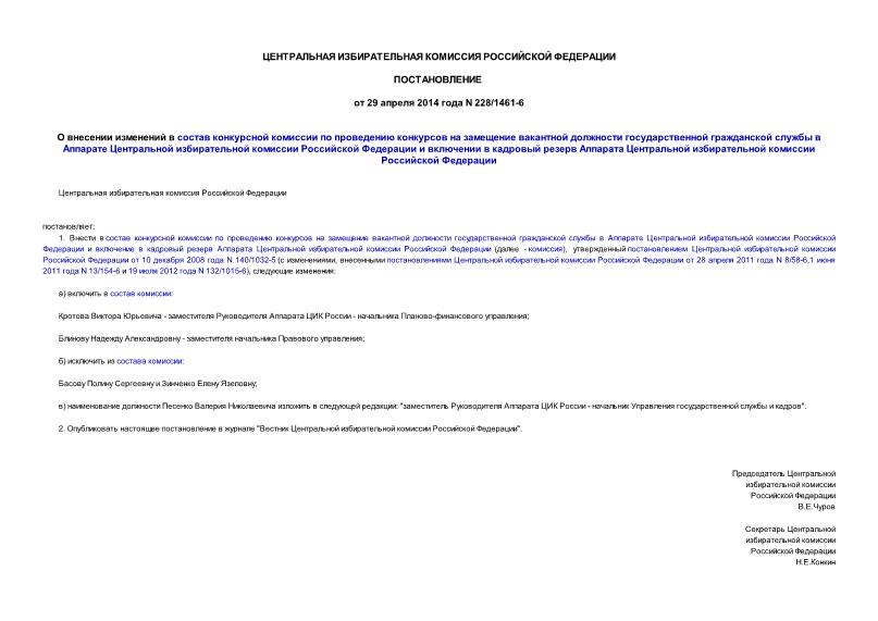 Постановление 228/1461-6 О внесении изменений в состав конкурсной комиссии по проведению конкурсов на замещение вакантной должности государственной гражданской службы в Аппарате Центральной избирательной комиссии Российской Федерации и включении в кадровый резерв Аппарата Центральной избирательной комиссии Российской Федерации