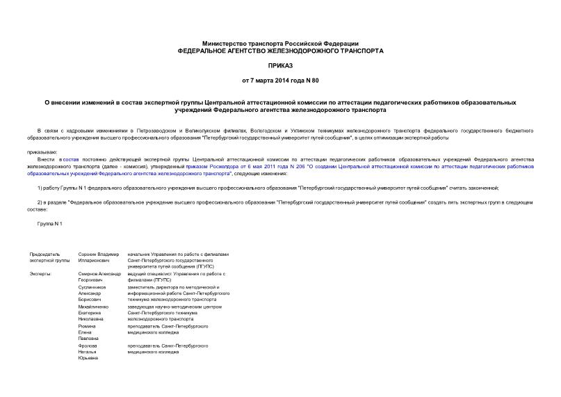 Приказ 80 О внесении изменений в состав экспертной группы Центральной аттестационной комиссии по аттестации педагогических работников образовательных учреждений Федерального агентства железнодорожного транспорта