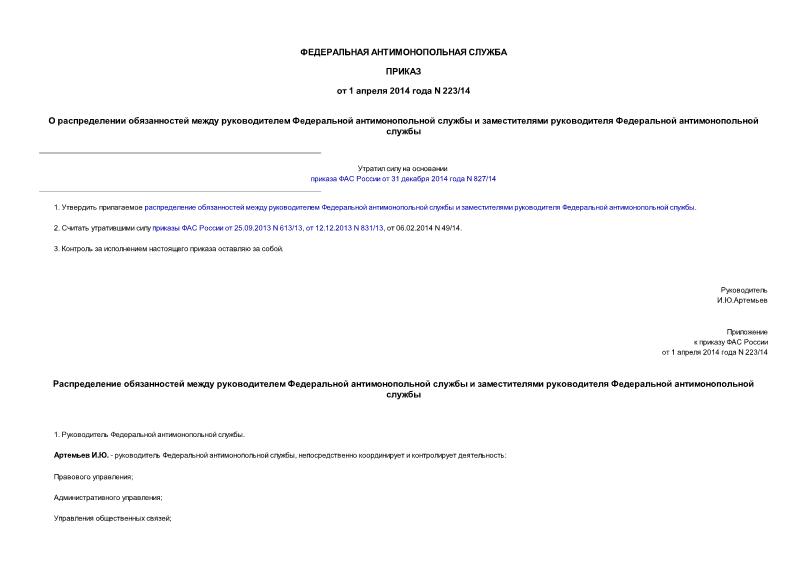 Приказ 223/14 О распределении обязанностей между руководителем Федеральной антимонопольной службы и заместителями руководителя Федеральной антимонопольной службы
