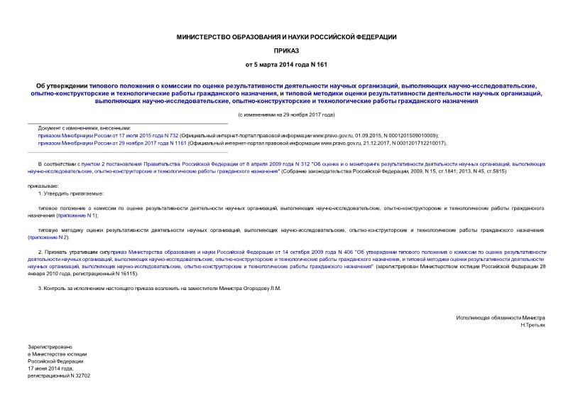 Приказ 161 Об утверждении типового положения о комиссии по оценке результативности деятельности научных организаций, выполняющих научно-исследовательские, опытно-конструкторские и технологические работы гражданского назначения, и типовой методики оценки результативности деятельности научных организаций, выполняющих научно-исследовательские, опытно-конструкторские и технологические работы гражданского назначения