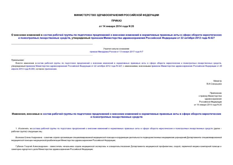 Приказ 20 О внесении изменений в состав рабочей группы по подготовке предложений о внесении изменений в нормативные правовые акты в сфере оборота наркотических и психотропных лекарственных средств, утвержденный приказом Министерства здравоохранения Российской Федерации от 22 октября 2012 года N 427