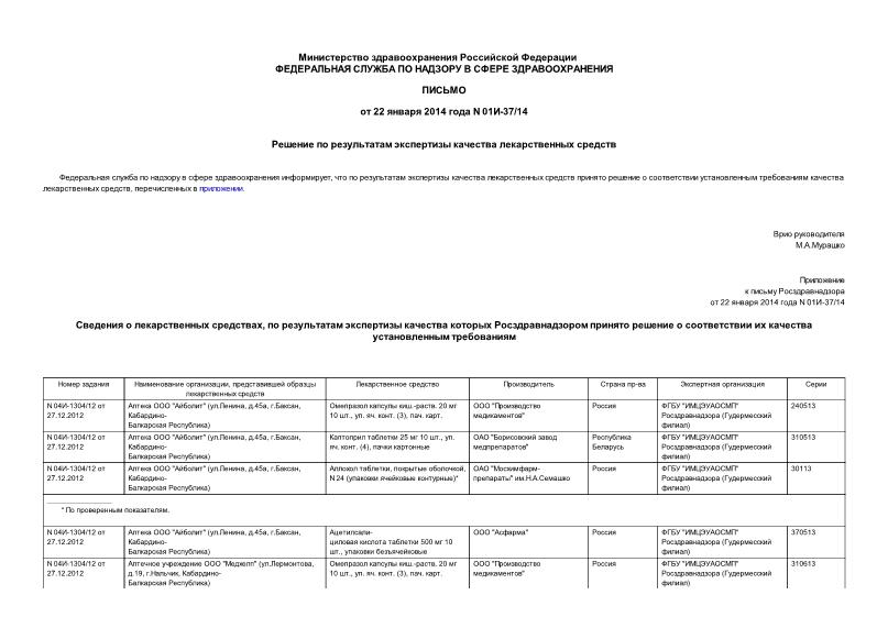 Письмо 01И-37/14 Решение по результатам экспертизы качества лекарственных средств