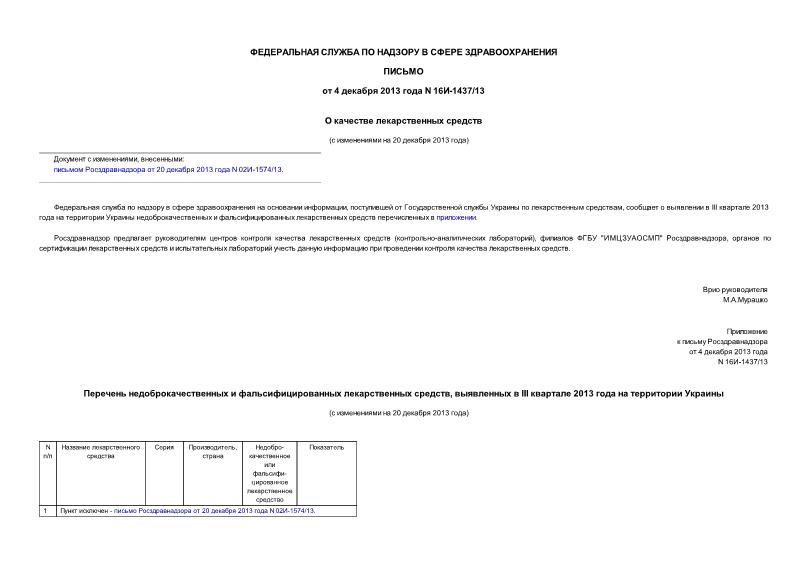 Письмо 16И-1437/13 О качестве лекарственных средств