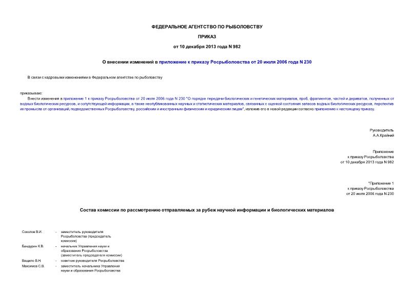 Приказ 982 О внесении изменений в приложение к приказу Росрыболовства от 20 июля 2006 года N 230
