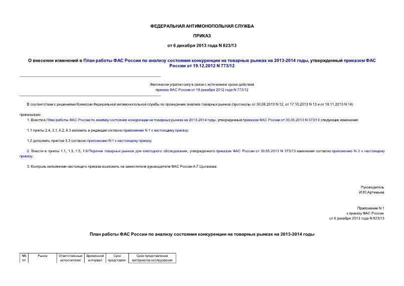 Приказ 823/13 О внесении изменений в План работы ФАС России по анализу состояния конкуренции на товарных рынках на 2013-2014 годы, утвержденный приказом ФАС России от 19.12.2012 N 773/12