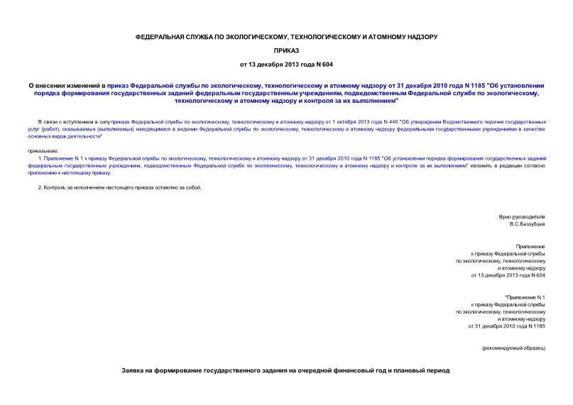 Приказ 604 О внесении изменений в приказ Федеральной службы по экологическому, технологическому и атомному надзору от 31 декабря 2010 года N 1185 