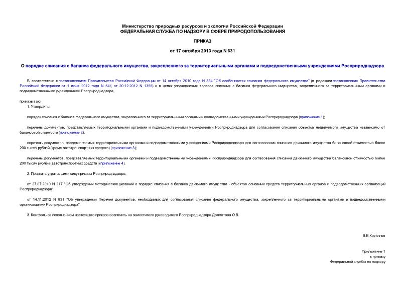 Приказ 631 О порядке списания с баланса федерального имущества, закрепленного за территориальными органами и подведомственными учреждениями Росприроднадзора
