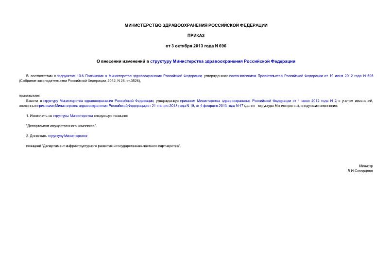 Приказ 696 О внесении изменений в структуру Министерства здравоохранения Российской Федерации