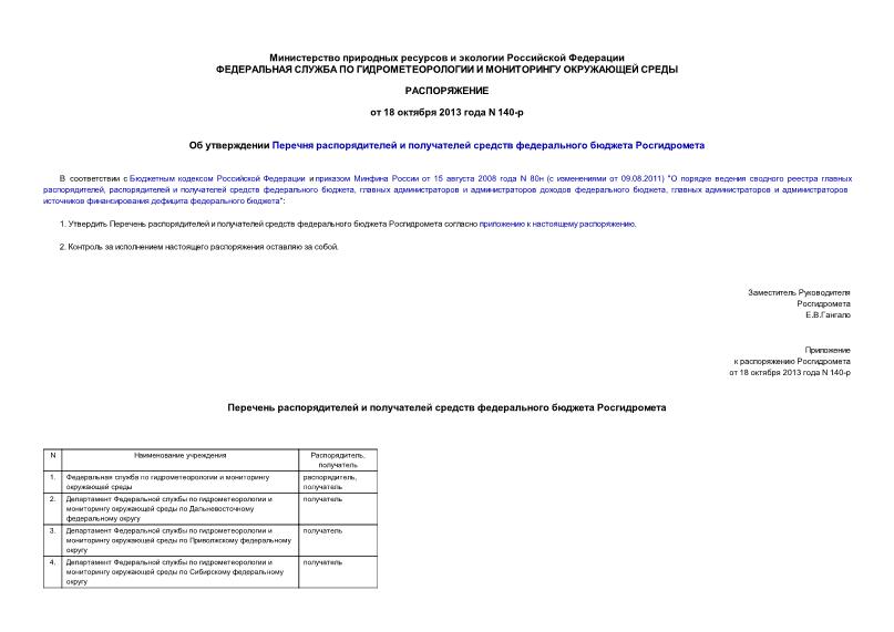 Распоряжение 140-р Об утверждении Перечня распорядителей и получателей средств федерального бюджета Росгидромета