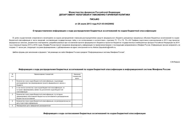 Письмо 21-03-04/29892 О предоставлении информации о ходе распределения бюджетных ассигнований по кодам бюджетной классификации