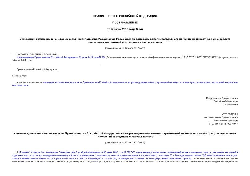 Постановление 547 О внесении изменений в некоторые акты Правительства Российской Федерации по вопросам дополнительных ограничений на инвестирование средств пенсионных накоплений в отдельные классы активов