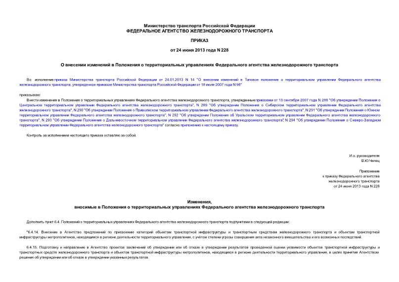 Приказ 228 О внесении изменений в положения о территориальных управлениях Федерального агентства железнодорожного транспорта