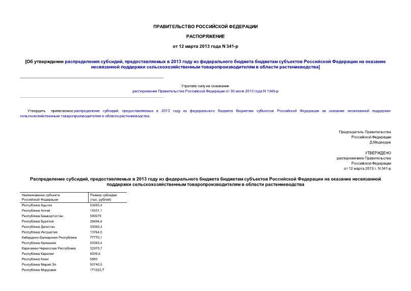 Распоряжение 341-р Об утверждении распределения субсидий, предоставляемых в 2013 году из федерального бюджета бюджетам субъектов Российской Федерации на оказание несвязанной поддержки сельскохозяйственным товаропроизводителям в области растениеводства