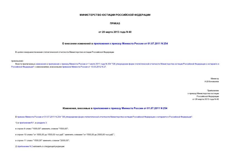 Приказ 40 О внесении изменений в приложения к приказу Минюста России от 01.07.2011 N 254