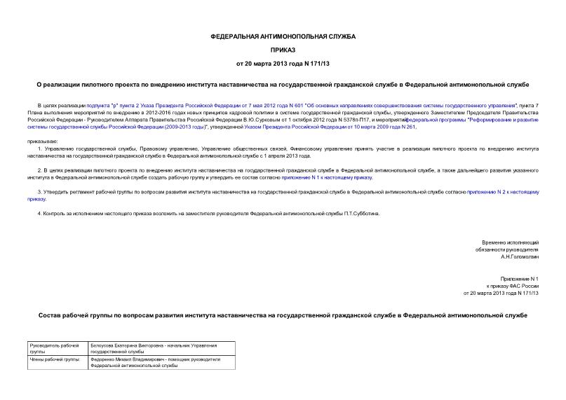 Приказ 171/13 О реализации пилотного проекта по внедрению института наставничества на государственной гражданской службе в Федеральной антимонопольной службе