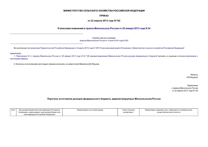 Приказ 192 О внесении изменений в приказ Минсельхоза России от 28 января 2013 года N 34
