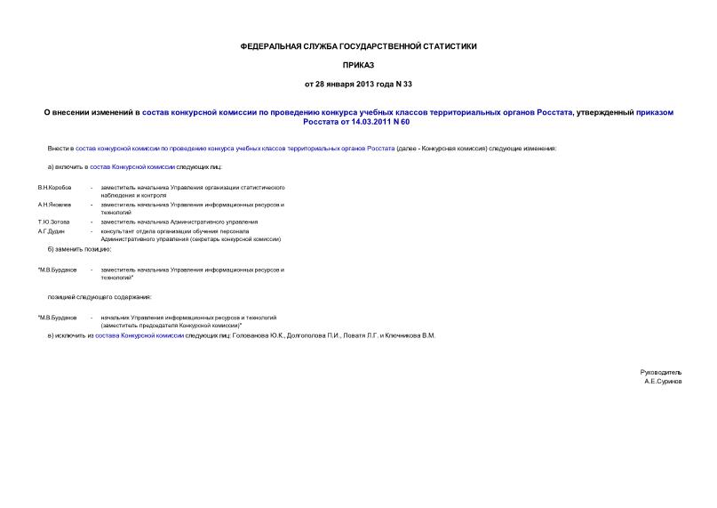 Приказ 33 О внесении изменений в состав конкурсной комиссии по проведению конкурса учебных классов территориальных органов Росстата, утвержденный приказом Росстата от 14.03.2011 N 60
