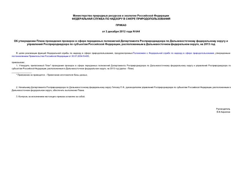 Приказ 644 Об утверждении Плана проведения проверок в сфере переданных полномочий Департамента Росприроднадзора по Дальневосточному федеральному округу и управлений Росприроднадзора по субъектам Российской Федерации, расположенным в Дальневосточном федеральном округе, на 2013 год