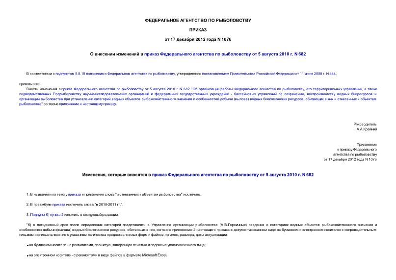 Приказ 1076 О внесении изменений в приказ Федерального агентства по рыболовству от 5 августа 2010 г. N 682