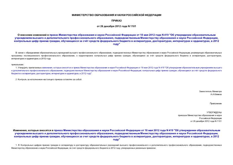 Приказ 1101 О внесении изменений в приказ Министерства образования и науки Российской Федерации от 18 мая 2012 года N 419 