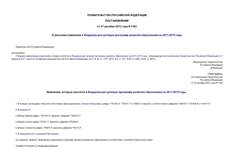 Постановление 1442 О внесении изменений в Федеральную целевую программу развития образования на 2011-2015 годы