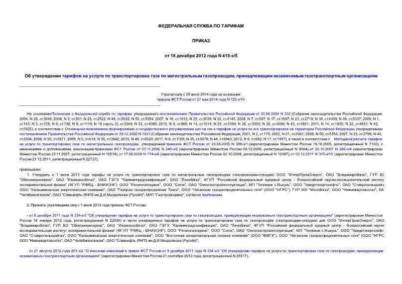 Приказ 418-э/5 Об утверждении тарифов на услуги по транспортировке газа по магистральным газопроводам, принадлежащим независимым газотранспортным организациям