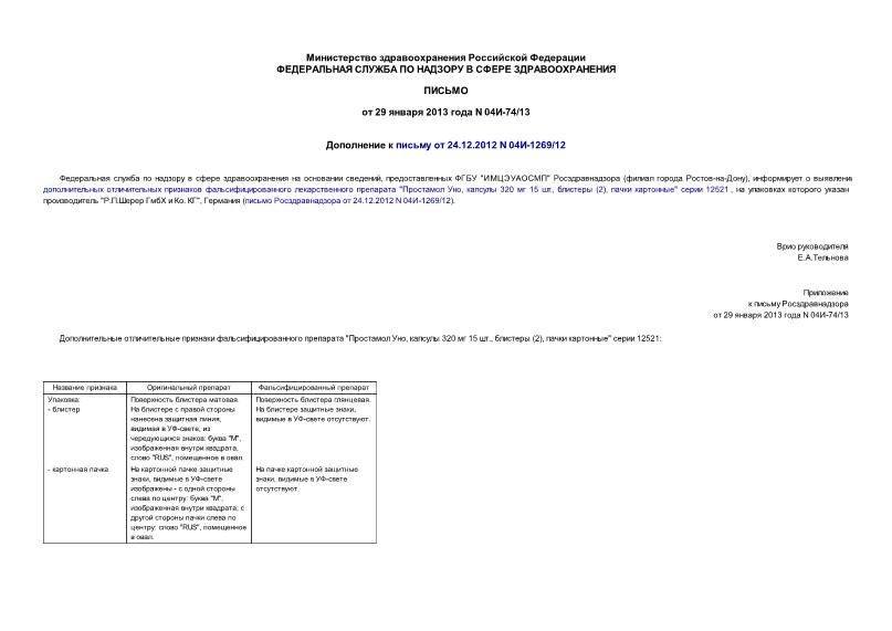 Письмо 04И-74/13 Дополнение к письму от 24.12.2012 N 04И-1269/12
