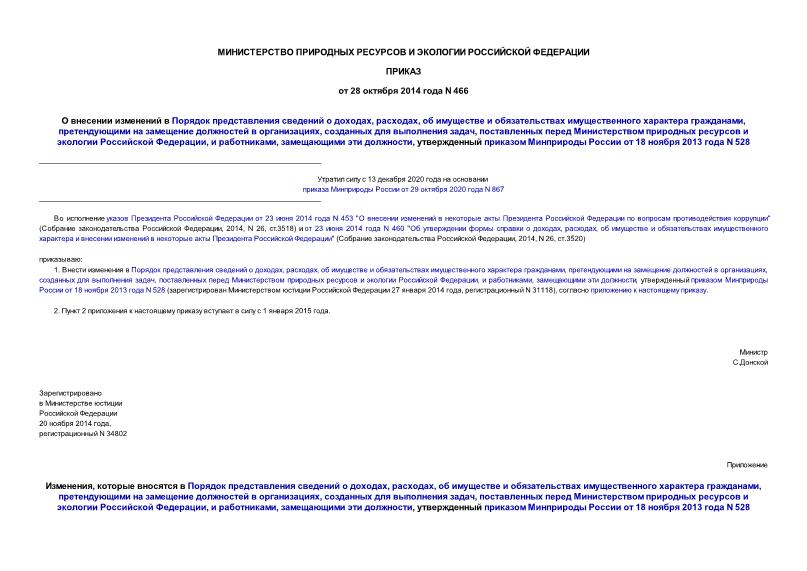 Приказ 466 О внесении изменений в Порядок представления сведений о доходах, расходах, об имуществе и обязательствах имущественного характера гражданами, претендующими на замещение должностей в организациях, созданных для выполнения задач, поставленных перед Министерством природных ресурсов и экологии Российской Федерации, и работниками, замещающими эти должности, утвержденный приказом Минприроды России от 18 ноября 2013 года N 528