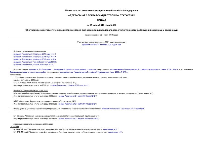 Приказ 468 Об утверждении статистического инструментария для организации федерального статистического наблюдения за ценами и финансами