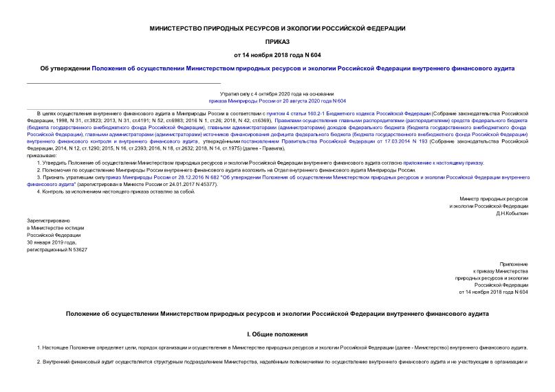 Приказ 604 Об утверждении Положения об осуществлении Министерством природных ресурсов и экологии Российской Федерации внутреннего финансового аудита