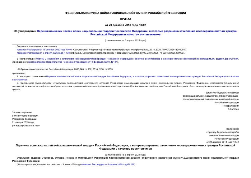 Приказ 642 Об утверждении Перечня воинских частей войск национальной гвардии Российской Федерации, в которые разрешено зачисление несовершеннолетних граждан Российской Федерации в качестве воспитанников