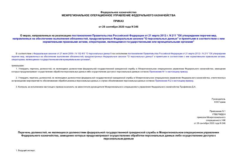 Приказ 346 О мерах, направленных на реализацию постановления Правительства Российской Федерации от 21 марта 2012 г. N 211 