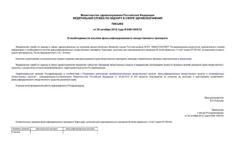 Письмо 04И-1005/12 О необходимости изъятия фальсифицированного лекарственного препарата